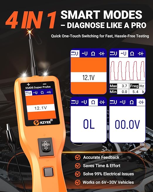 KZYEE KM06 Automotive Power Circuit Probe Tester 8-35V, All-in-One Electrical Diagnostic Tool with Component Activation, Short Circuit Finder, Wire Tracer & Trailer Light Tester for Cars, Trucks & RVs