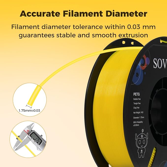 Sovol 3D Printer PETG Filament 1.75mm 1KG (2.2lbs), High Precision, Strong Toughness, Wiring Tightness, Dimensional Accuracy +/- 0.03 mm, 3D Printing PETG Filaments, Yellow