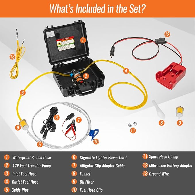 24V 85GPH Fuel Transfer Pump Set with Patented Pulley Lead Pipe & Battery Adapter, Compatible with Milwaukee M18 Battery, for Vehicles, Boats(85GPH 24V, Pump with Red Adapter)