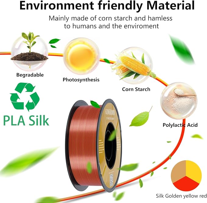 Kingroon PLA 3D Printer Filament, Triple Color Silk PLA Filament, Dimensional Accuracy +/- 0.03 mm, 1 kg Spool(2.2lbs), 1.75 mm, Golden-Yellow-Red