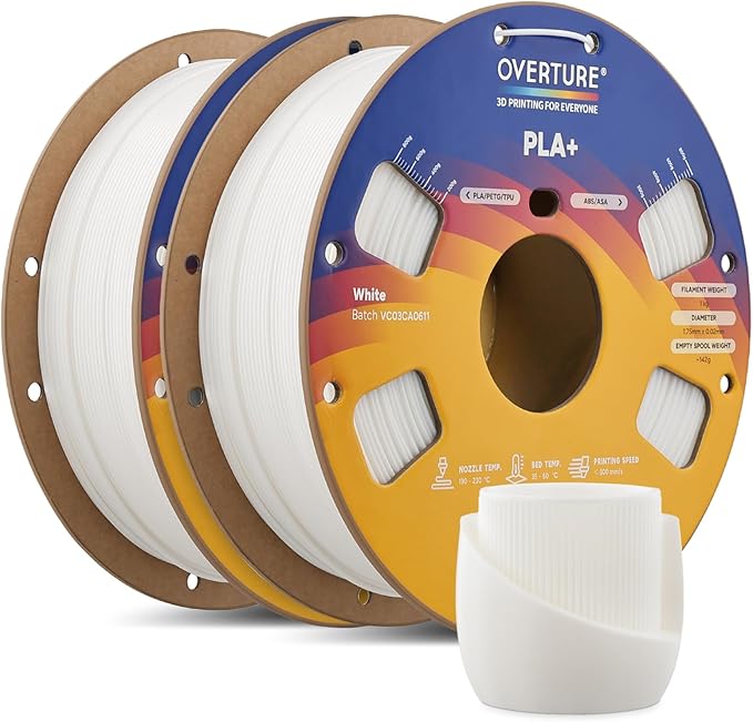 OVERTURE 2KG Bundle High Speed PLA+ 3D Printer Filament 1.75mm, Upgraded Rapid PLA 2.0 with Enhanced Toughness & Stability, 2 Pack 1kg Spool (2.2lbs) Fit Most FDM 3D Printers (White*2)