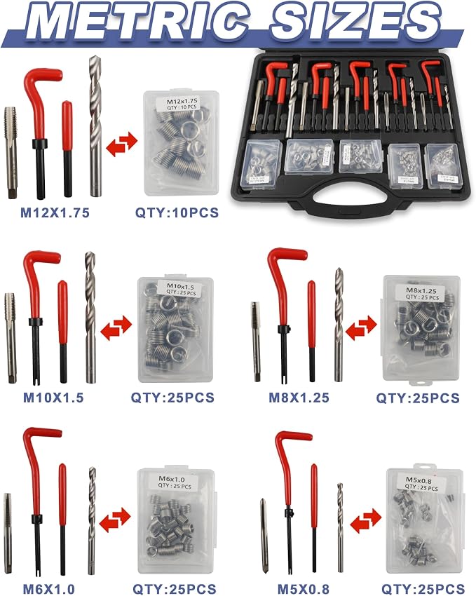 263PCS Helicoil Thread Repair Kit, Metric&SAE Thread Restorer Kit | HSS Helicoil Drill Rethreading Tools in 1/4" 5/16" 3/8" 7/16" 1/2" & M5 M6 M8 M10 M12 Sizes and Thread Gauge