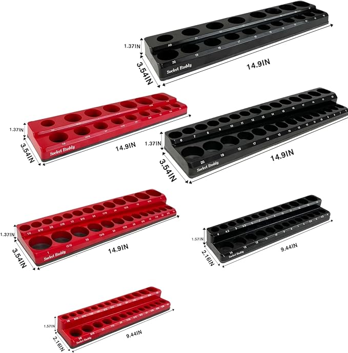 Socket Buddy Magnetic Socket Organizer Set, 6PCS Socket Holder,1/8" to 1-1/4" Sockets Holds 143 Pieces Magnetic Sockets Trays (Black&red)