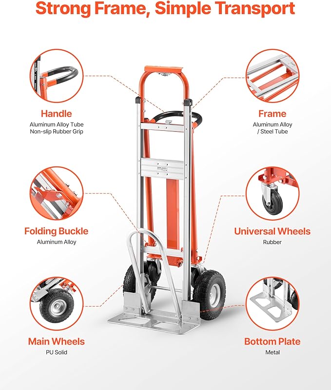 VEVOR 4 in 1 Hand Truck, 1000 lbs Load Capacity for 4-Wheel Mode, Convertible Hand Truck Dolly with Non-Slip Handle & Wheels, Aluminum Alloy Portable Trolley Dolly for Moving Home, Office, Warehouse