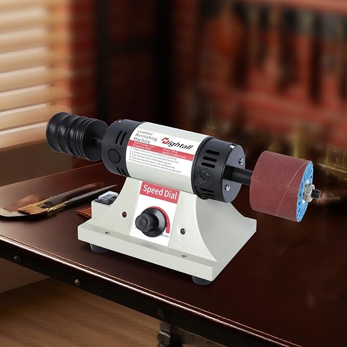 Leather Burnishing Machine, 1750-8500 RPM Variable Speed, 350W Electric Polishing Tool with Sanding Drum and Rosewood Grinding Head,12 Pcs Sanding Sleeves (80/120/240 Grit) & Mahogany Polishing Wheel