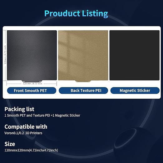 Upgraded 120x120mm Build Plate Smooth/Textured PET+PEI Print Bed,Double-Sides Spring Steel Build Plate Magnetic Flexible Heated Bed for Voron 0.1/0.2 V0 3D Printer.