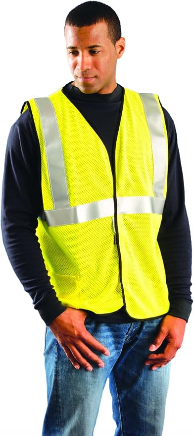 Occunomix LUX-SSGC/FR-YL Class 2 Premium Flame Resistant Single Stripe Mesh Vest, HRC 1 Protection, Large, Yellow
