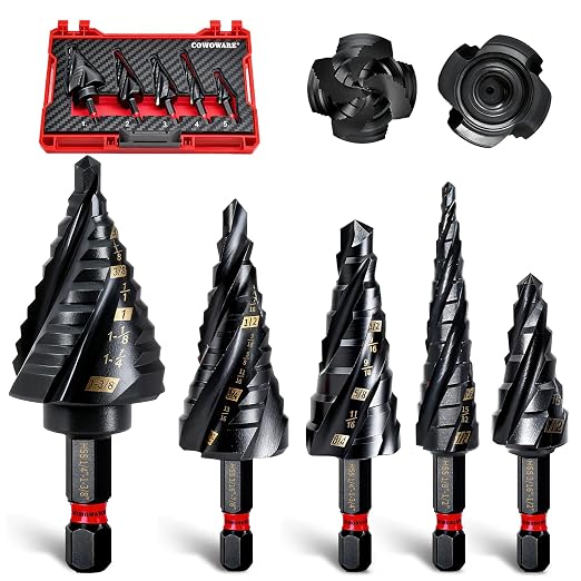 Step Drill Bit Set, 1/8~1-3/8" 5Pcs Four Spiral Flute AITIN Coated Step Bit | Versatile Size,Upgraded 3/8" Shank for Higher Torque,1/4" Hex Shank,for Metal, Stalinless Steel, Aluminum, Wood, Plastic