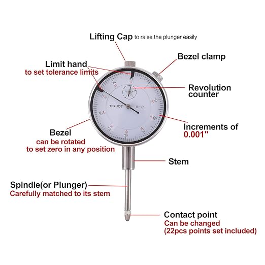 Qnkaa Dial Indicator with Magnetic Base Holder Fine Adjustable Long Arm 0-1" Magnetic Dial Indicator Professional Dial Gauge 0.001"