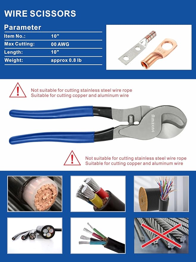 AMZCNC Hydraulic Crimping Tool and Cable Cutter Hydraulic Cable Lug Crimper 10 US TON 12 AWG to 00 (2/0) Electrical Terminal Cable Wire Tool Kit with 9 Die