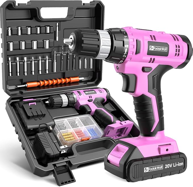 FADAKWALT Cordless Drill Set, 20V Electric Power Drill With Battery And Charger, 30N Torque, 21+1 Settings, 3/8-Inch Keyless Chuck, Driver Bits Kit, LED Light (Pink）
