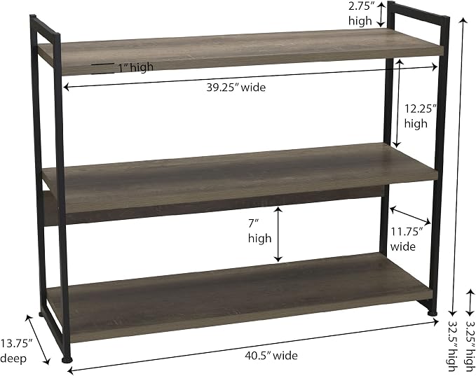 Household Essentials Wide 3‑Shelf Open Storage Bookshelf in Oak Rustic Wood Grain and White Metal Frame, Ashwood