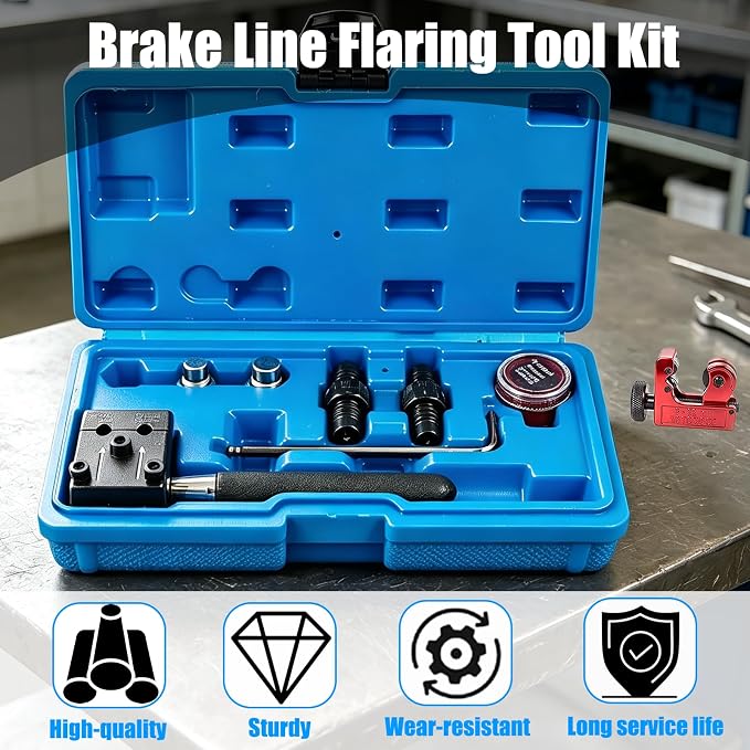 Brake Line Flaring Tool Kit, 3/16" and 1/4" SAE Double Flare Tool for Brake Lines Aluminum and Copper Tubing, Creates 45° Single, Double & Bubble Flares for Vehicle Brake & Hydraulic Lines Repair
