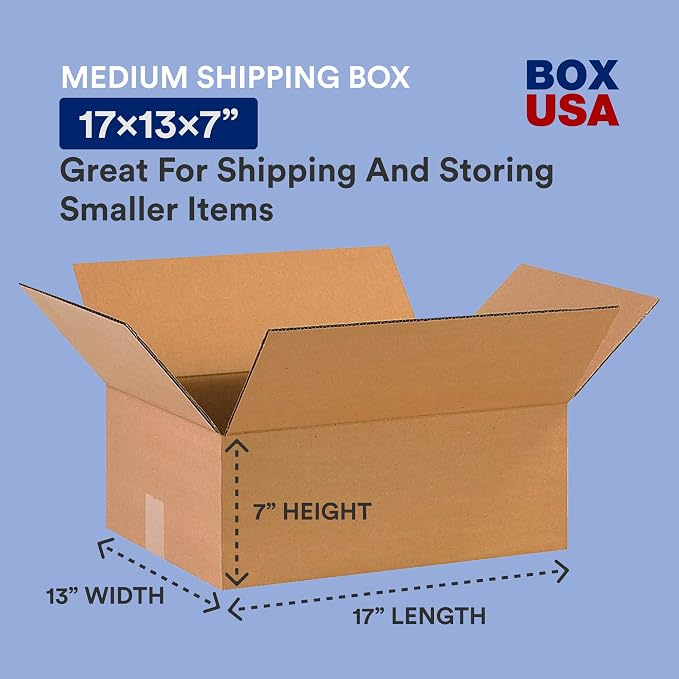 BOX USA Shipping Boxes 17"L x 13"W x 7"H, 25-Pack Medium Corrugated Cardboard Boxes for Shipping, Mailing, Packing, Packaging and Storage