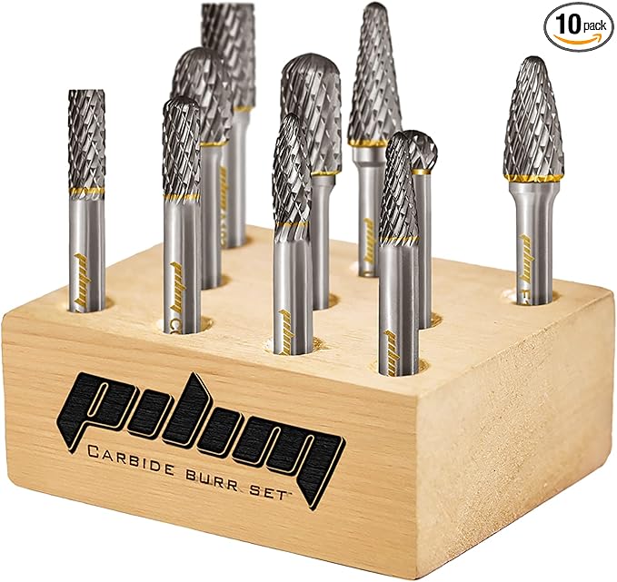 Tungsten Carbide Burr Set 1/4" Shank 10PC Double Cut Rotary Cutting Burrs Die Grinder Bits for Steel and Wood Working, Grinding, Carving, and Engraving