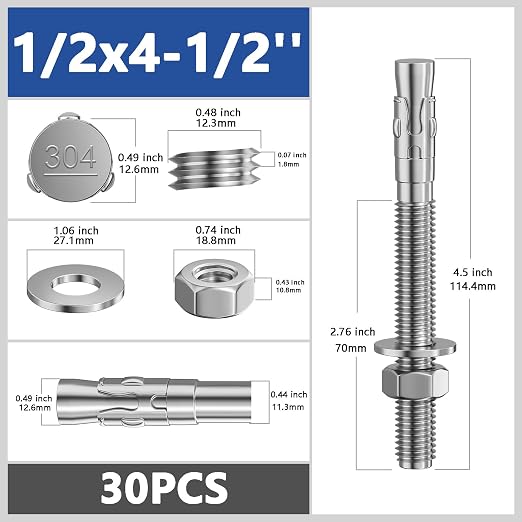 Wensilon 30Pcs 1/2x4-1/2 Inch Standard Fasteners for Heavy-Duty 304 Stainless Steel Wedge Anchors for Cement and Concrete