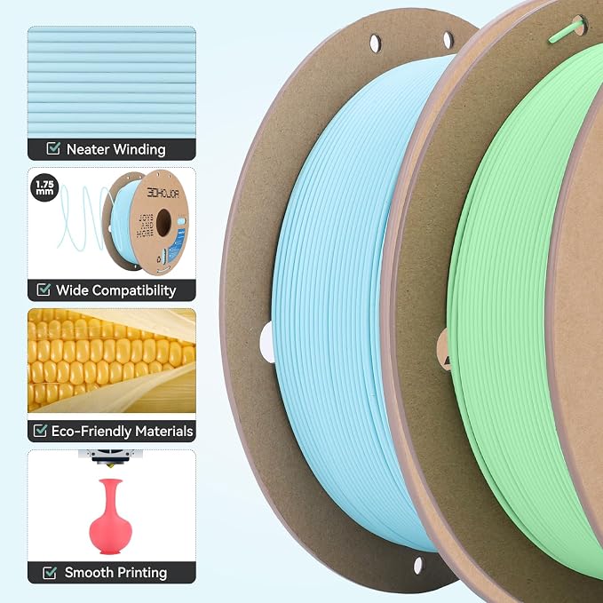 3DHoJor Matte PLA Filament 1.75mm, Upgrade Matte 3D Printer PLA Filament, 1KG*2 Bundle Cardboard Spool 3D Printing Filament for 3D Printers(Matte Green+Blue 2Pack)