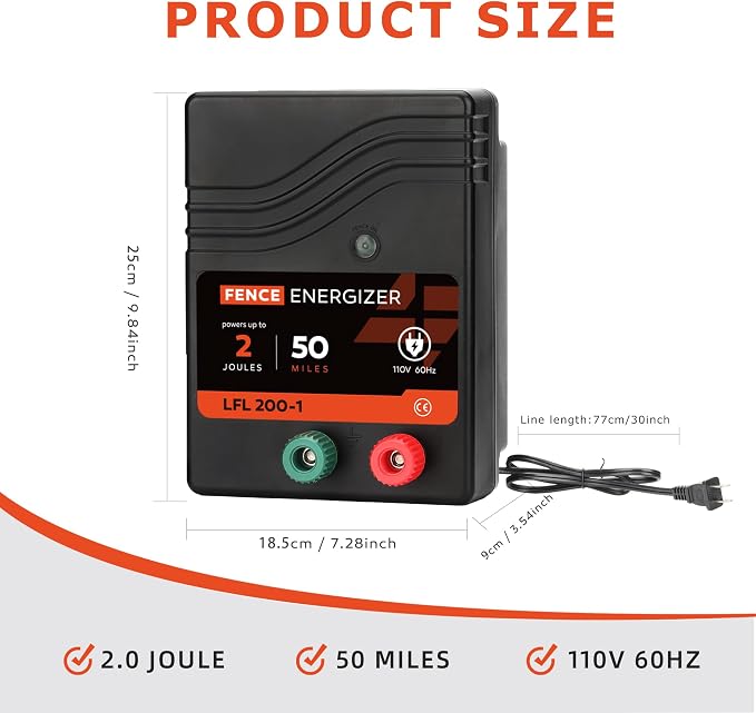 Electric Fence Charger AC Powered 50 Miles 165 Acres, 110 Volt 2 Joule Plug-in Electric Fence Energizer, Output Voltage Max 10 kV for Livestock, Preventing Predators from Intruding