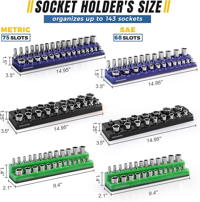 9PCS Magnetic Socket Organizer & Magnetic Wrench Organizer Set | 3 Color Socket Holder for 1/4” 3/8” 1/2” Metric SAE, Socket&Wrench Holder for Tool Box Drawer, Socket Wrench not Included