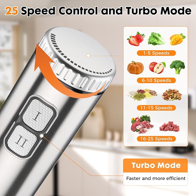 Immersion Blender Handheld Cordless 8 in 1 Hand Held Blenders Mixer Stainless Steel 25 Speed Turbo Mode Electric Sitck Beaker Chopper Milk Frother Grinder