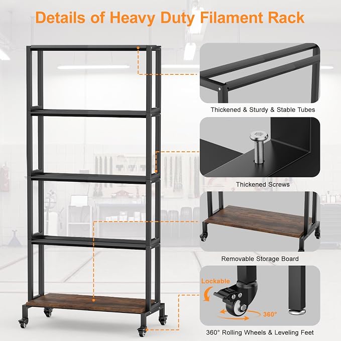Ormeli 3D Printer Filament Storage Rack, 5-Tier 3D Printing Filament Metal Rack for Filament Spools PLA/ABS/TPU/Nylon, Large Capacity Heavy Duty Filament Spool Holder for 3D Printing Studio, Workshop