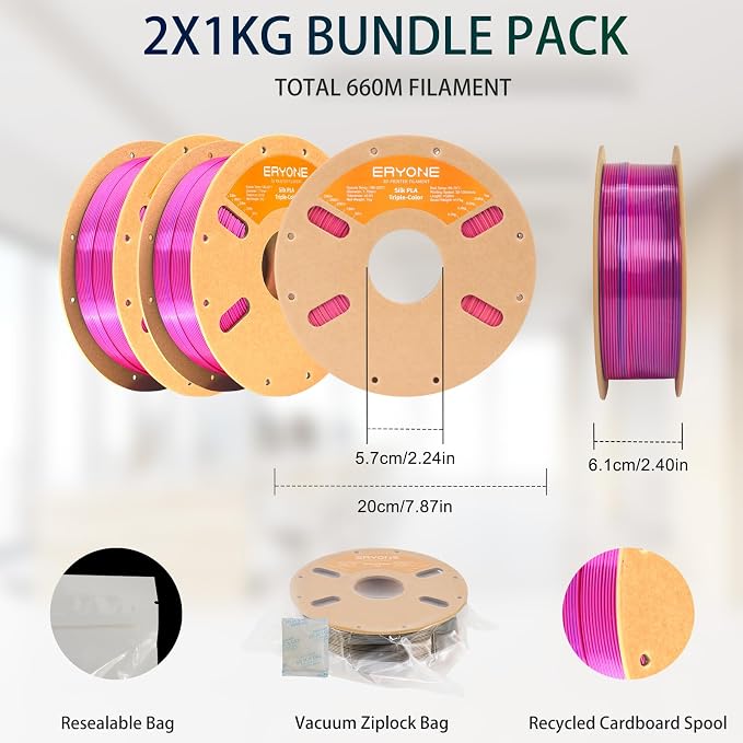 ERYONE Silk Tri Color PLA Filament 3D Printer 1.75mm +/- 0.03mm, Multicolor Filament Tricolor PLA Bundle 2KG Cardboard Spool, Red Yellow Blue