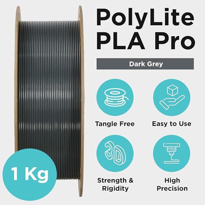Polymaker PLA PRO Filament 1.75mm 1kg, Tough & High Rigidity Dark Grey 3D Printing Filament, PolyLite PLA PRO High Speed, Print with Most 3D Printers