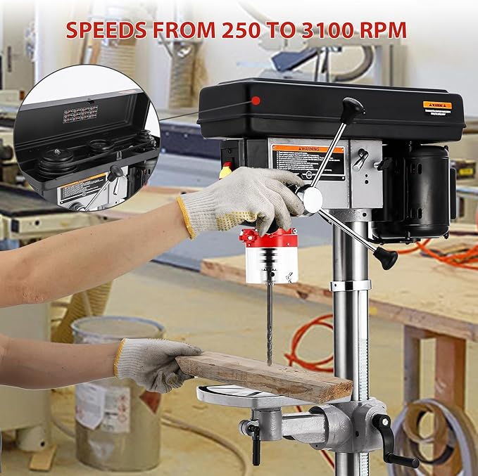 13 in Floor Drill Press, 7.5 Amp 120V, 288-3084 RPM Variable Speed Cast Iron Bench Drill Press, 0-45° Tilting Worktable, Tabletop Drilling Machine for Wood Metal