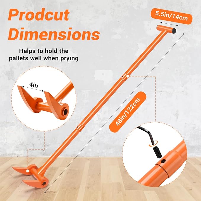 AugFir 48" Pallet Buster, 110 Degree Decking Pry Bar, Heavy Duty Carbon Steel Deck Board Removal Tool for Deck, Pallet, Standing Hardwood Board Demolition Without Lower Back Pain & Knee Pain (Orange)