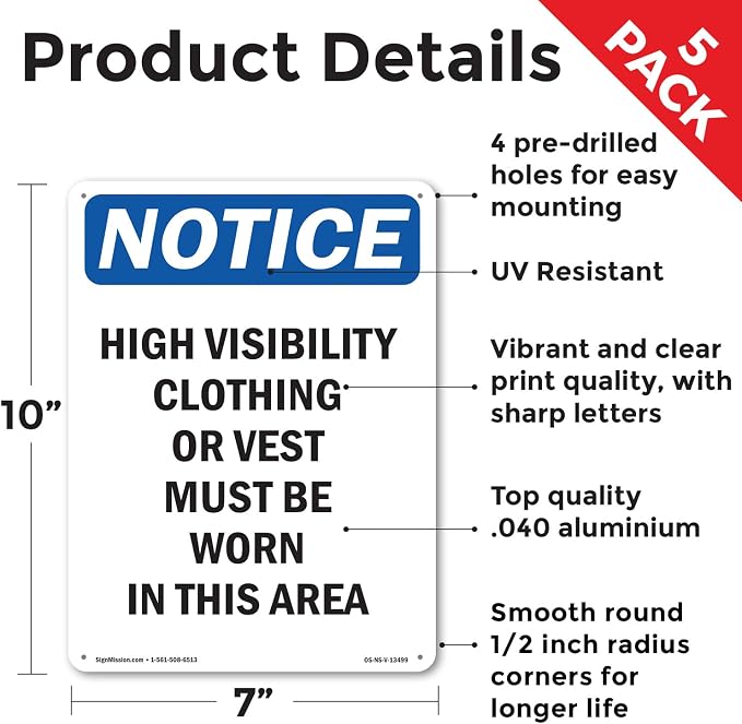 High Visibility Clothing Or Vest OSHA Notice Aluminum Sign 10 Inch x 7 Inch - 5 Pack