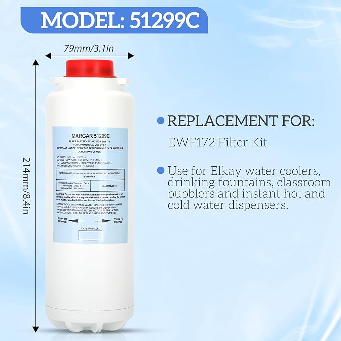 2PC 51299C Filter Replacement Compatible with Elkay EWF172 Filter Kit, Replacement for EWF3000 ERF750（1500 Gallons, No Chip）