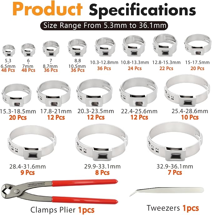 360PCS Single Ear Hose Clamp Kit,16 Sizes 5.3-36.1mm 304 Stainless Steel with Crimping Pliers,Oetiker Style Crimp Clamp for Automotive,Plumbing,HVAC,Marine