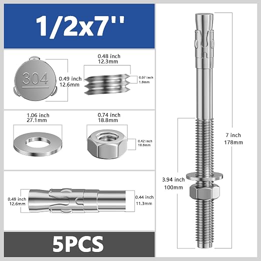 Wensilon 5Pcs 1/2x7 Inch Standard Fasteners for Heavy-Duty 304 Stainless Steel Wedge Anchors for Cement and Concrete