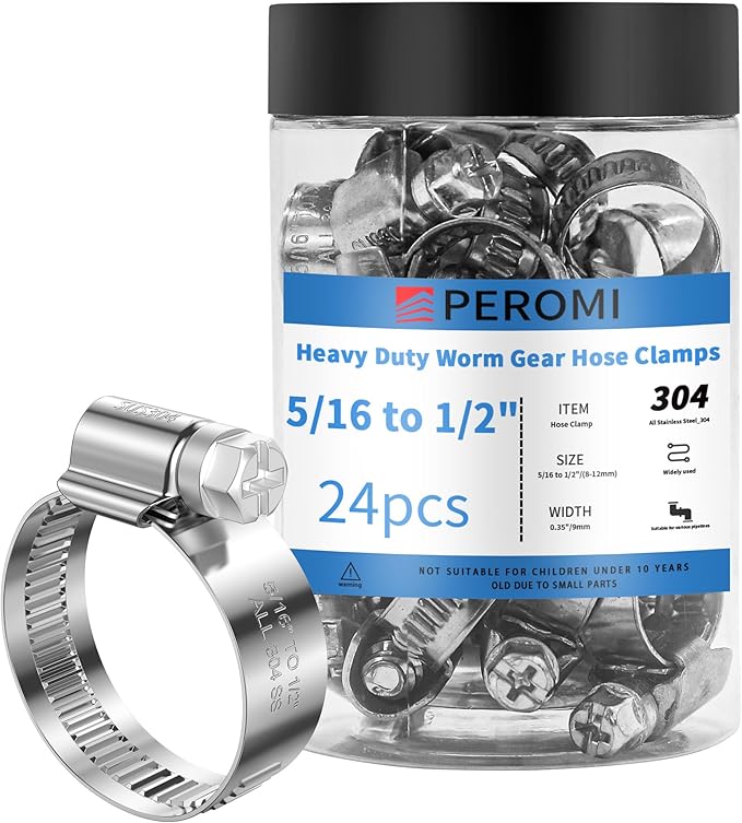 24PCS Heavy Duty Hose Clamps Stainless Steel 304,5/16" Hose Clamp to 1/2" Hose Clamp (8-12mm) Adjustable Worm Gear Drive Small Radiator Hose Clamps,Pipe Clamp for Automotive and Industrial Use