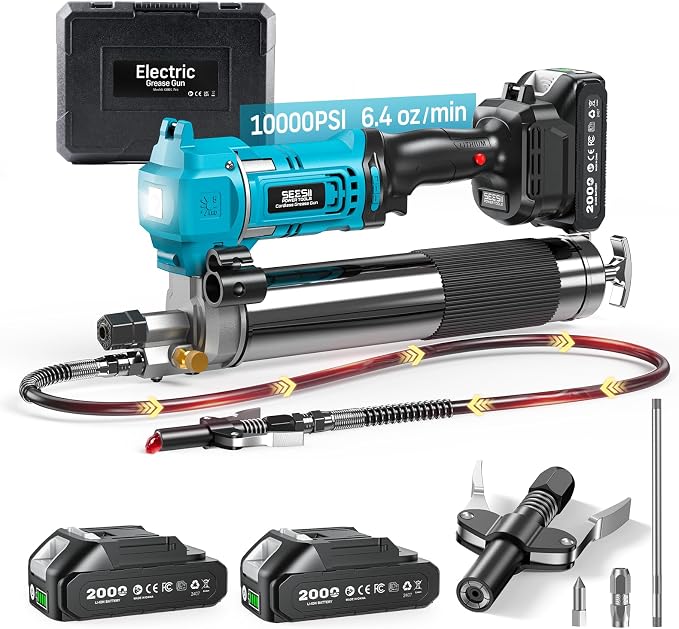 Seesii Electric Cordless Battery Grease Gun -10000 PSI with Quick-Release Coupler, 6.4 oz/min, 39.4" Flex Hose & 2 Batteries, Grease Guns for Truck, Car, Tractor,2026 Upgraded