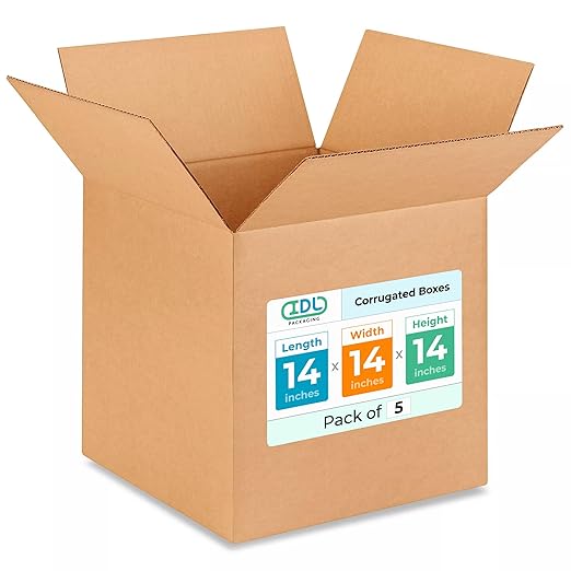 Medium Cube Moving & Shipping Boxes 14 x 14 x 14 inches (5-Pack) - Extra Strength 200 lb vs Regular - USA-Made Corrugated Boxes for Shipping - Medium Shipping Box by IDL Packaging
