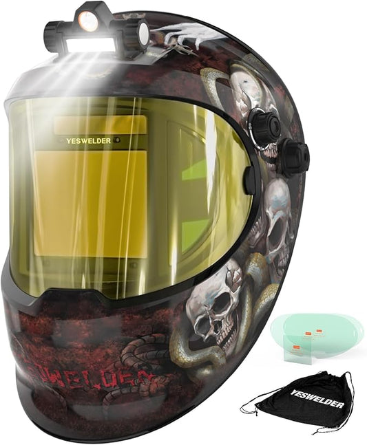 YESWELDER Auto Darkening Welding Helmet with SIDE VIEW and LED, 180° Panoramic View, 1/1/1/1 True Color Solar Powered Welder Hood, Wide Shade 3/5-9/9-13 Welder Mask for TIG MIG ARC CUT and GRIND