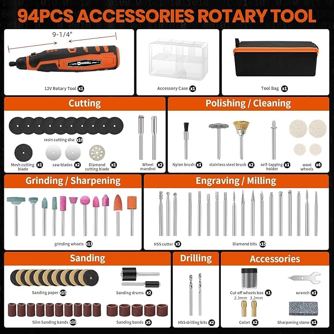 HARDELL 12V Cordless Rotary Tool Kit 6-Speed 30000RPM Rotary 94 Accessories | Power Rotary Tools for Engraving, Sanding, Polishing, Cutting, Carving, DIY and Craft Projects