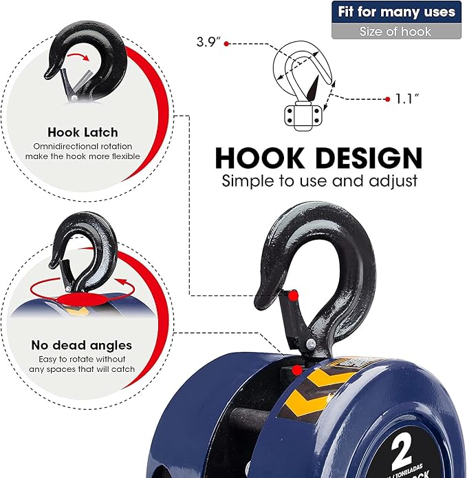 Big RED ATR9020UR Manual Hand Lift Steel Chain Block Hoist with 2 Heavy Duty Hooks, 2 Ton (4,000 lb), 8ft/2.5m Blue