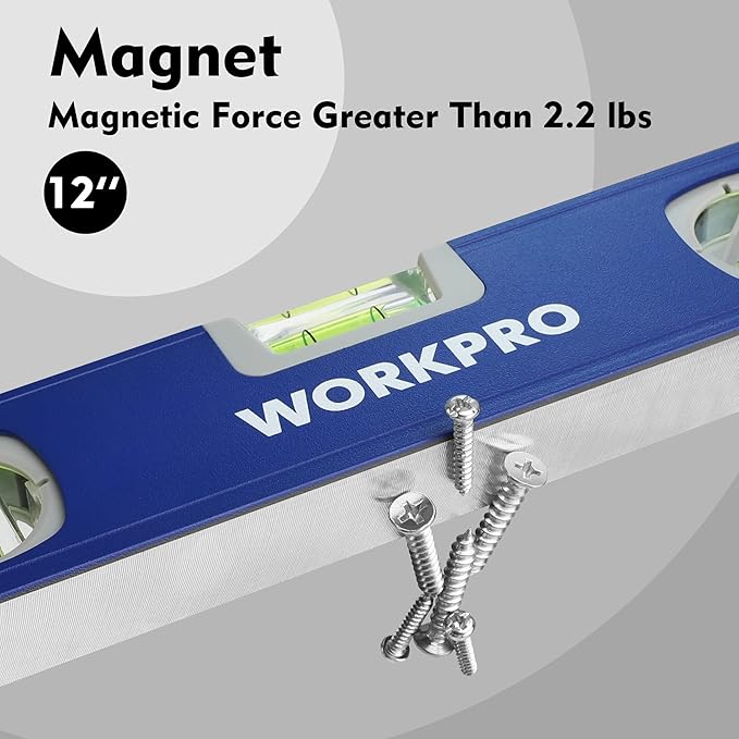 WORKPRO 3-Piece Spirit Level Set (12", 20", 40") with 12" Magnetic Torpedo Level, 45°/90°/180° Bubbles Measuring, Open Top View Design, Aluminum Alloy Levels with Carrying Bag