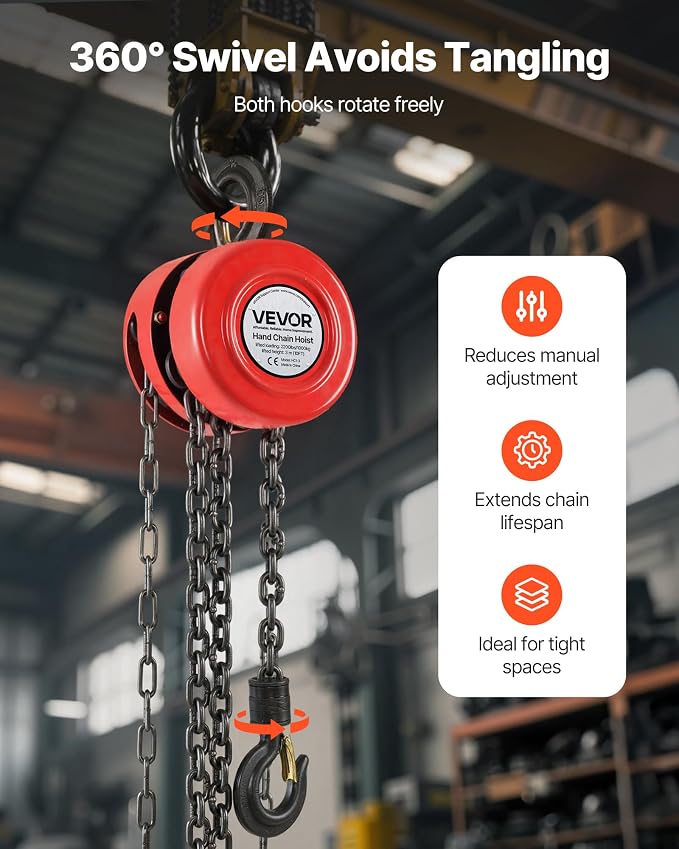 VEVOR Hand Chain Hoist, 1 Ton 2200 lbs Capacity, Manual Chain Block with Upgrade G70 Galvanized Chain, 10 ft Lifting Height, Heavy Duty Pulley Hoist for Garage Warehouse Automotive Machinery, Red