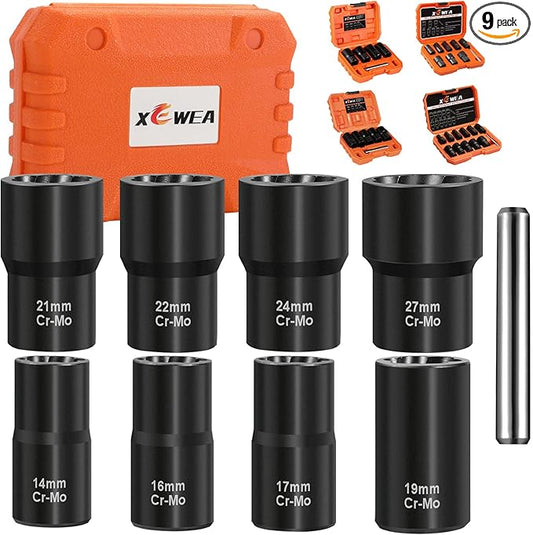 XEWEA 9PCS Lug Nut Extractor Set, 1/2" Drive Impact Bolt Nut Remover Socket Tool, Wheel Lock Removal Kit, Easy Out Extractor Set for Damaged, Frozen, Rusted, Rounded-Off Bolts Nuts