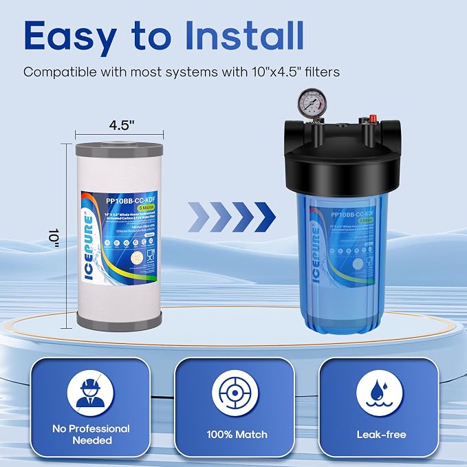 ICEPURE 5 Micron 10" x 4.5" Whole House Sediment Activated Carbon and KDF Water Filter Compatible with GE FXHTC, GXWH40L, RFC-BBSA W50PEHD Whirlpool WHKF-GD25BB GXWH35F GNWH38S Dupont WFHD13001, 2PACK