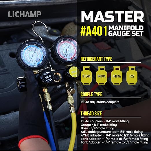 Lichamp HVAC Gauges with Hoses, AC Manifold Gauge Set R134A R410A R404A R22 Refrigerant Gauges and 1/4 HP 3.5 CFM Vacuum Pump, HVAC Single Stage Vacuum Pump for R134a R410a R22 R12