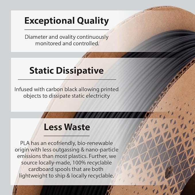 Protopasta Static Dissipative Black Carbon Fiber PLA 3D Printer Filament for ESD Safe Prints | Easy Printing with Low Warp | 1.75mm Filament | 500g with Recyclable Cardboard Spool