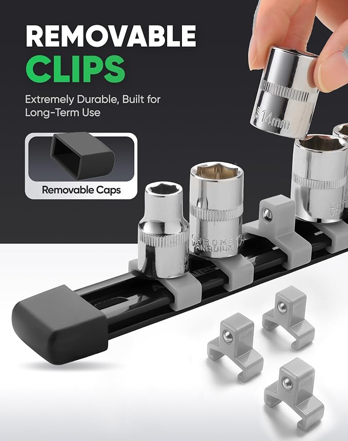 ALOANES 9PC Socket Organizer, Socket Rails Fit 1/2", 1/4" and 3/8" Drive | Heavy Duty ABS Socket Holders Hold up 129 Sockets for Toolbox Drawer Bags(Grey)