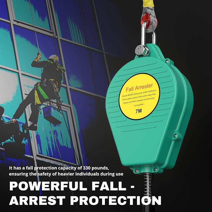 23ft Self Retracting Lifeline, 330LBS Fall Arrest Equipment, Fall Protection System with Dual Swivels, Alloy Steel Hook, & Flame Retardant Steel Wire Rope(Φ3.2mm)