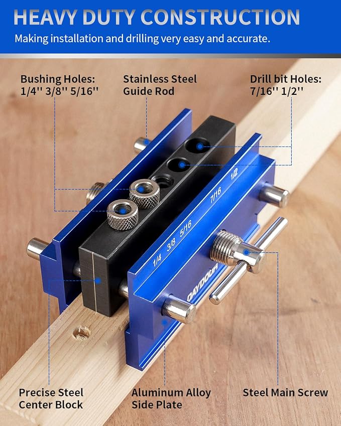 DAYDOOR 2.1" Self Centering Dowel Jig, Universal Capacity Doweling Jig & Drill Guide for Woodworking, Complete Kit with 6 Steel Bushings for Straight Holes(Blue)