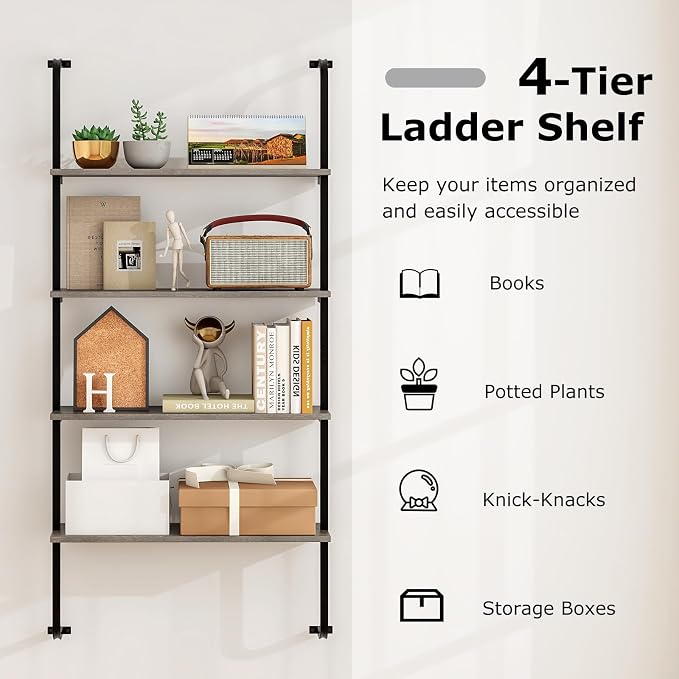 Giantex 4-Tier Industrial Bookshelf of 2, Wall Mounted Pipe Shelving Unit, Floating Shelves with Metal Frame, Hanging Wall Display Shelf, Wood Ladder Bookshelf for Living Room, Kitchen,Gray Oak