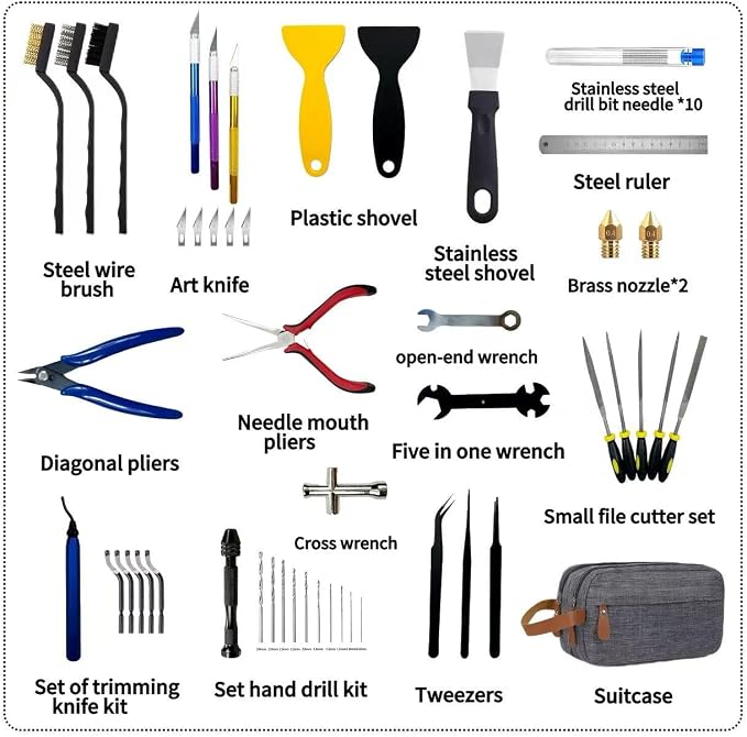 3D Printer Tools Kit,58 PCS 3D Printing Accessory Tools Kit | Complete Accessories;High-quality Materials;Easy to Carry and Store；Including Removing,Cleaning,Preprocessing,Finishing Tools